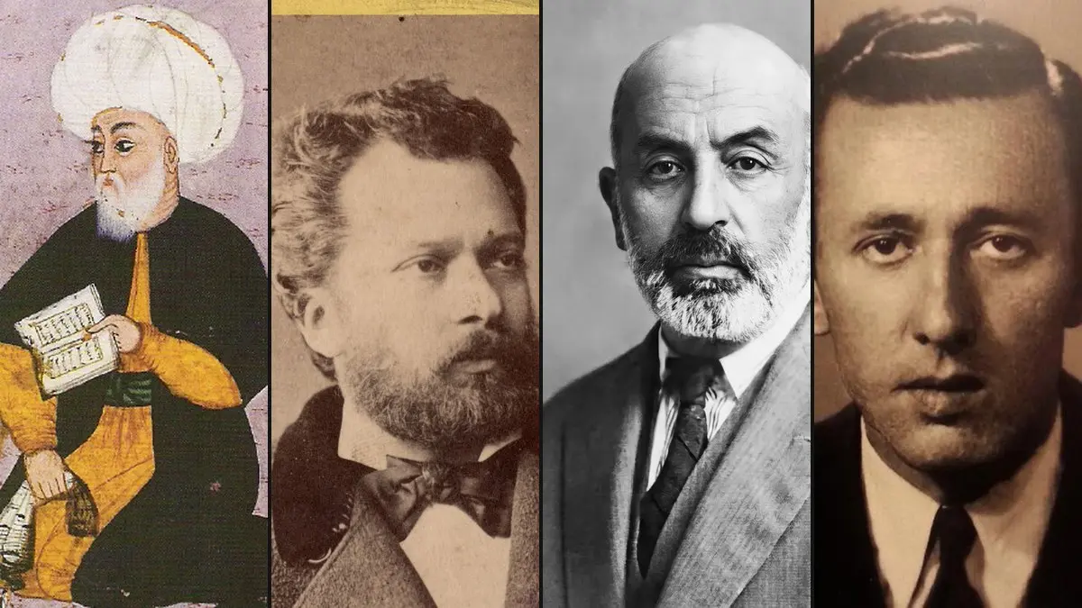 Yan yana dört portre: Fuzûlî'nin minyatürü, Namık Kemal, Mehmet Âkif Ersoy ve Orhan Veli Kanık'ın fotoğrafları