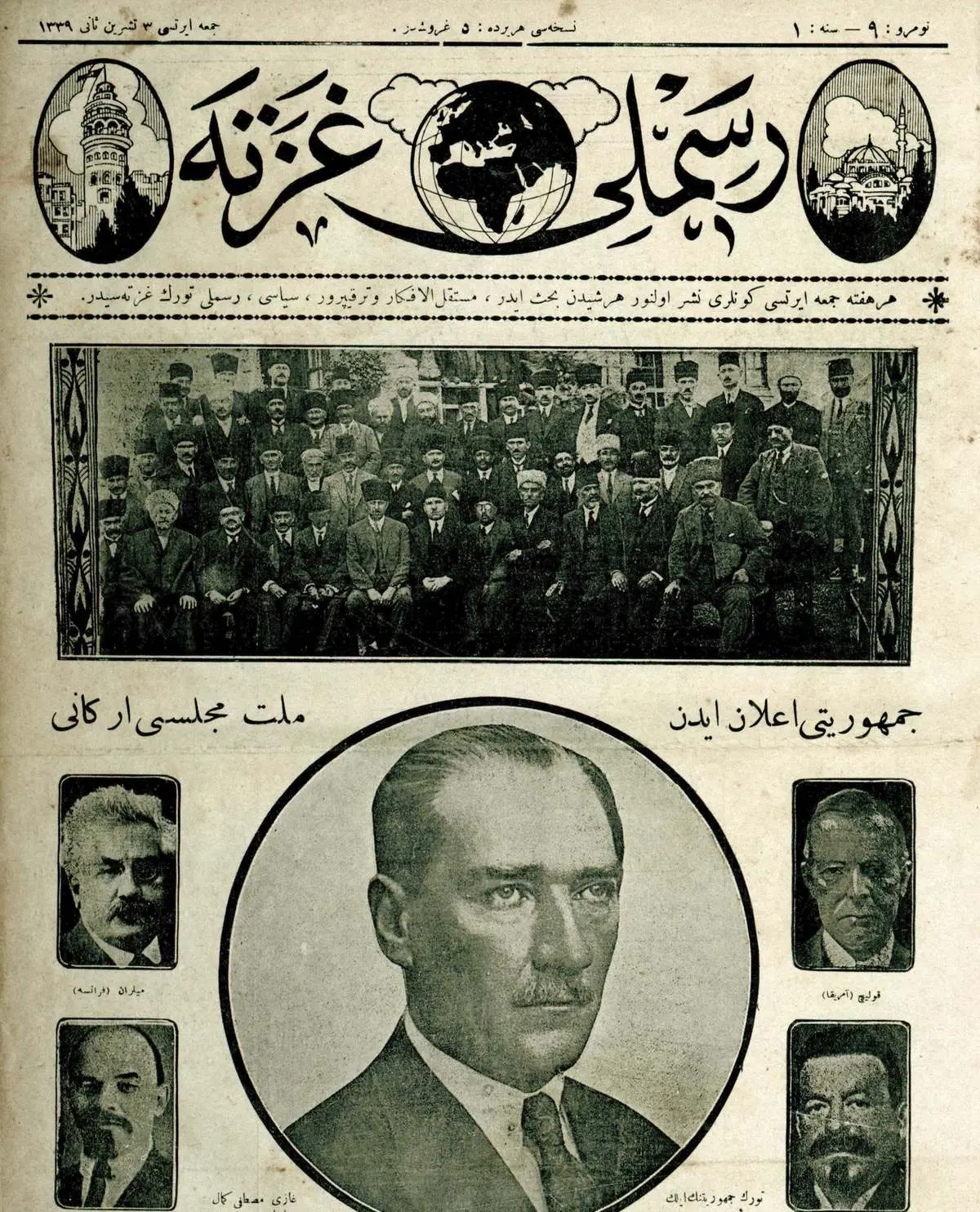 Osmanlıca Resimli Gazete’nin 3 Kasım 1923 tarihli kapağı; üstte Meclis üyelerinin toplu fotoğrafı, ortada yuvarlak çerçeve içinde Gazi Mustafa Kemal’in portresi