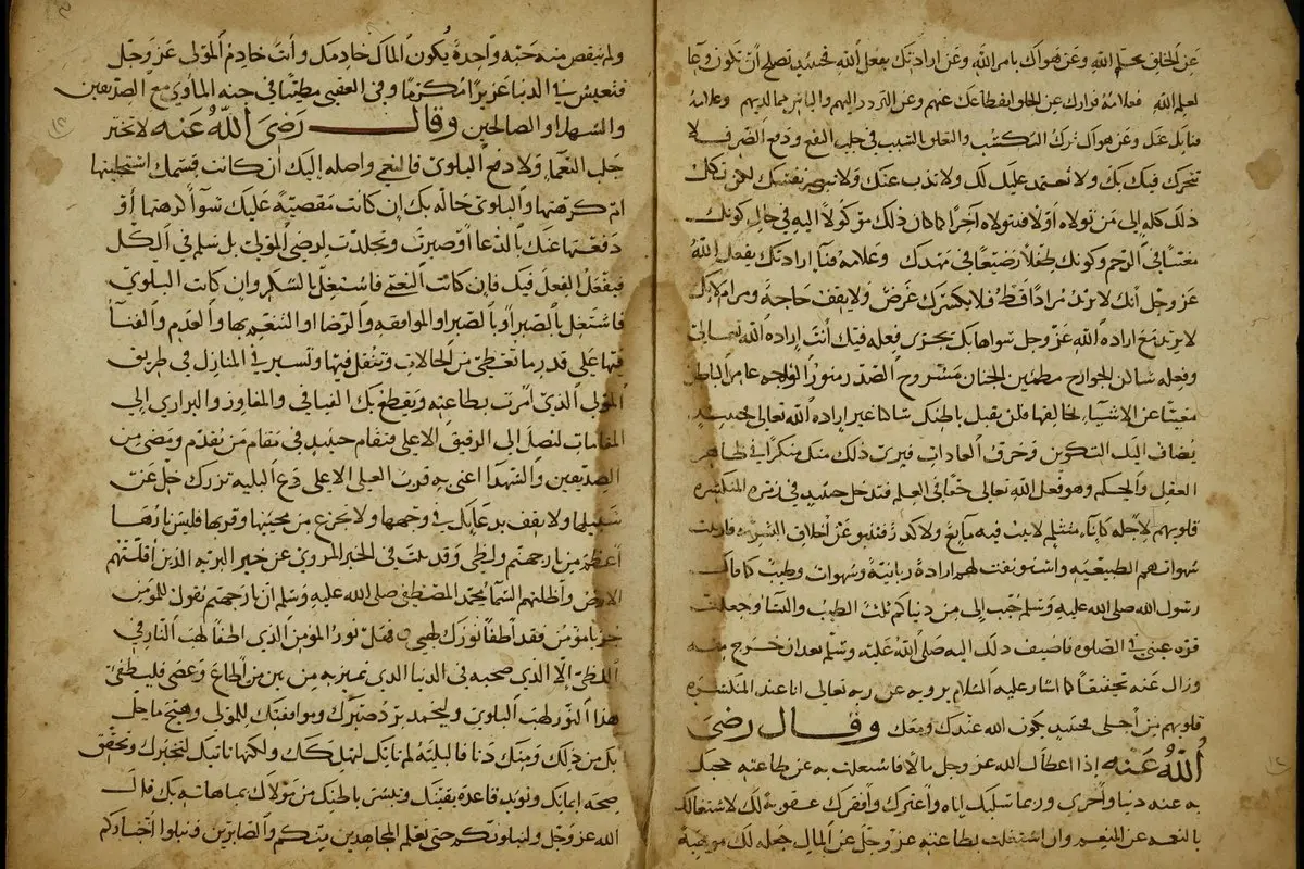Fütûhu'l-Gayb'ın sararmış kâğıda siyah ve kırmızı mürekkeple yazılmış Arapça el yazması bir nüshasından açık iki sayfa