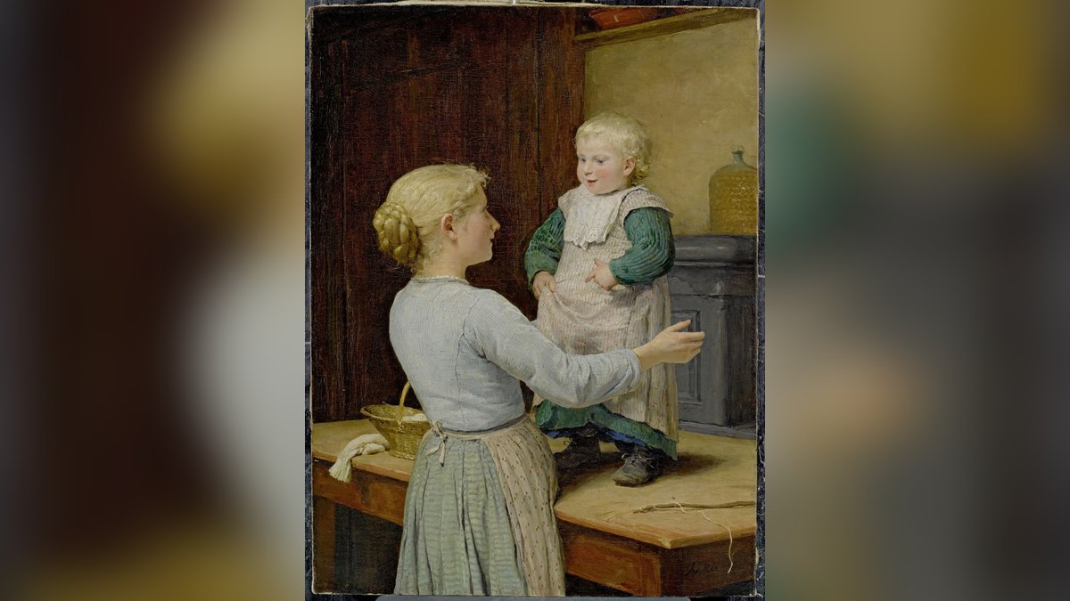 Albert Anker'in tablosunda mutfak masasının üzerinde duran küçük kardeşini tutan abla