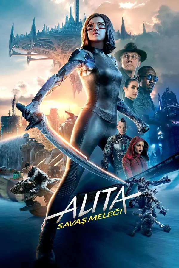Alita: Savaş Meleği filminin Türkçe afişi: elinde kılıçla atılan siborg Alita, arkasında diğer karakterler ve uzakta gelecekçi bir şehir; altta ALITA SAVAŞ MELEĞİ yazısı