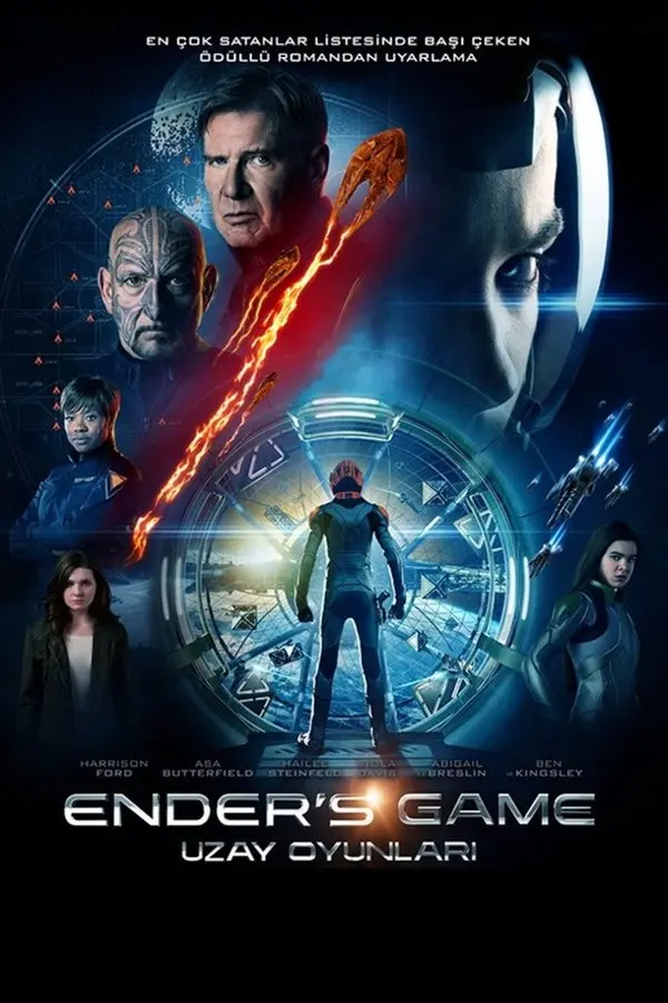 Uzay Oyunları filminin Türkçe afişi: lacivert uzay zemininde Harrison Ford ve diğer oyuncuların yüzleri, ortada parlayan dairesel bir kapının önünde duran Ender; altta ENDER'S GAME UZAY OYUNLARI yazısı