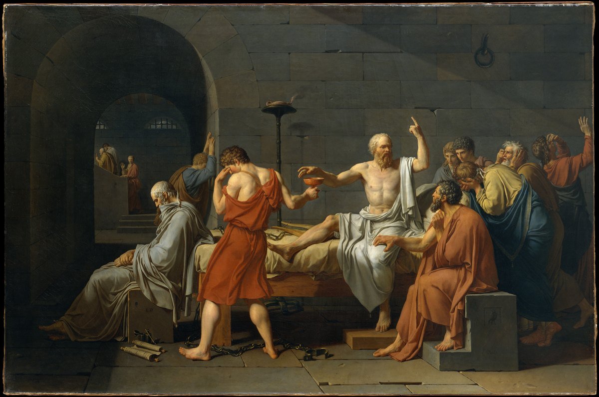 Jacques-Louis David'in Sokrates'in Ölümü tablosu: zehir kadehine uzanan Sokrates ve çevresinde yas tutan öğrencileri