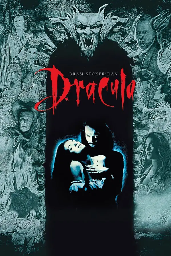 Bram Stoker’dan Dracula filminin Türkçe afişi: yeşil-gri taş kabartma yüzlerle çevrili karanlık bir kemerin içinde kucaklaşan çift; ortada kırmızı el yazısıyla Dracula