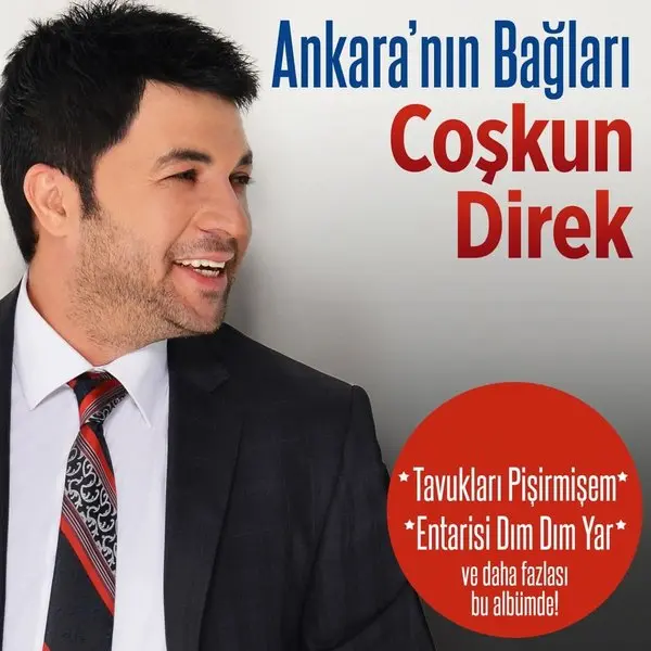 Coşkun Direk’in Ankara’nın Bağları albüm kapağı; koyu takım elbiseli ve kravatlı, gülümseyen Coşkun Direk ve kırmızı harflerle albüm adı