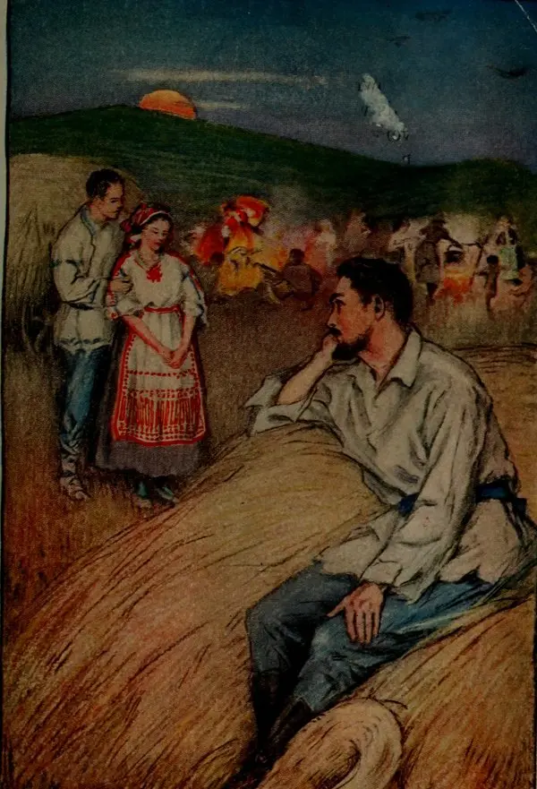 Helen Mason Grose’un renkli illüstrasyonunda beyaz gömlekli Levin, gün batımında biçilmiş ot yığınının üzerine oturmuş, düşünceli bir hâlde tarlada çalışan ve şarkı söyleyen köylüleri izliyor