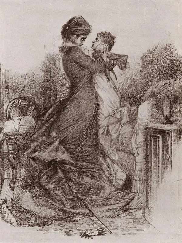Mihail Vrubel’in 1878 tarihli kahverengi mürekkep çiziminde uzun etekli, şapkalı Anna Karenina, yatağın üzerinde ayağa kalkmış küçük oğlu Seryoja’nın yüzünü avuçlarının arasına alıp ona eğiliyor
