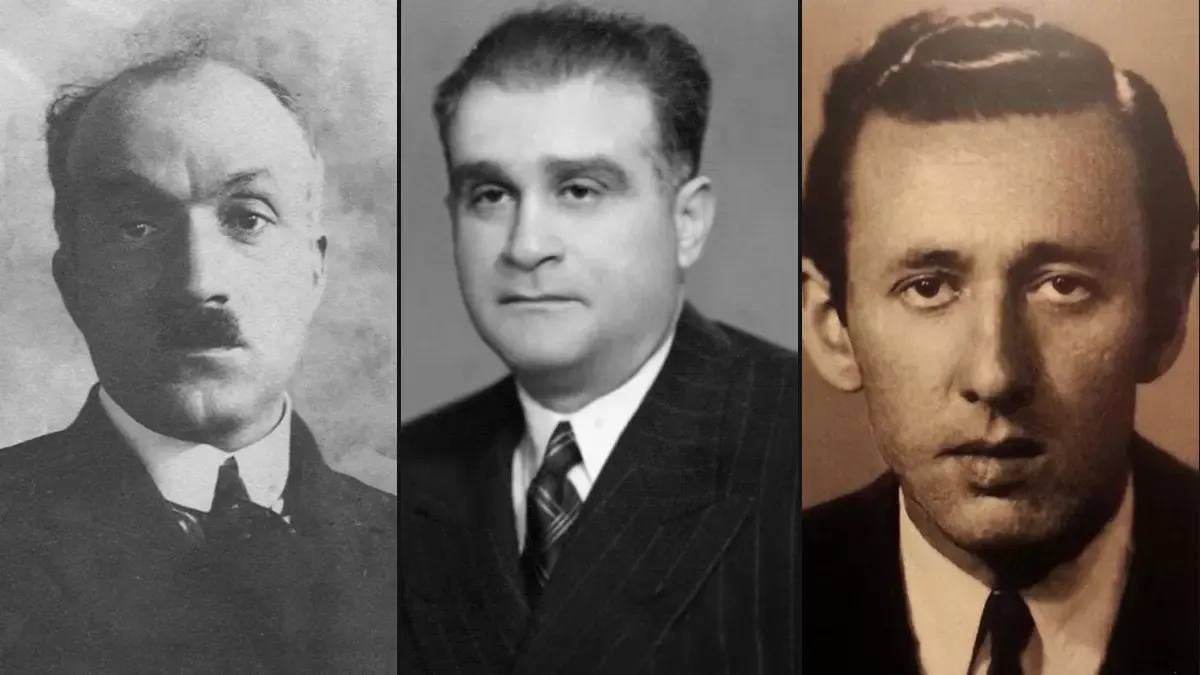 Yan yana üç siyah-beyaz portre: bıyıklı Ahmet Haşim, çizgili takım elbiseli Ahmet Hamdi Tanpınar ve sepya tonlu fotoğrafında Orhan Veli Kanık
