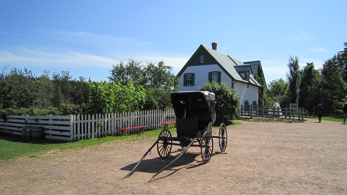 Green Gables evinin önündeki toprak avluda duran siyah körüklü eski bir at arabası ve arkada beyaz ahşap çit