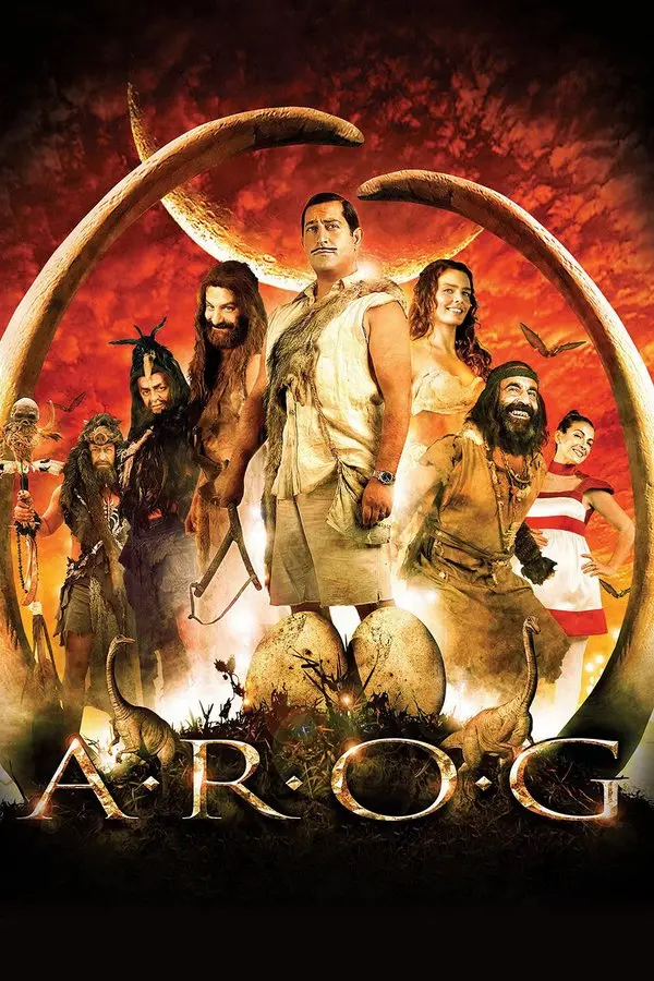A.R.O.G filminin afişi: kırmızı gökyüzü altında iki dev mamut dişinin arasında duran Arif, çevresinde mağara insanları, Mimi ve Ceku; önde iki dinozor yumurtası ve altta A.R.O.G yazısı
