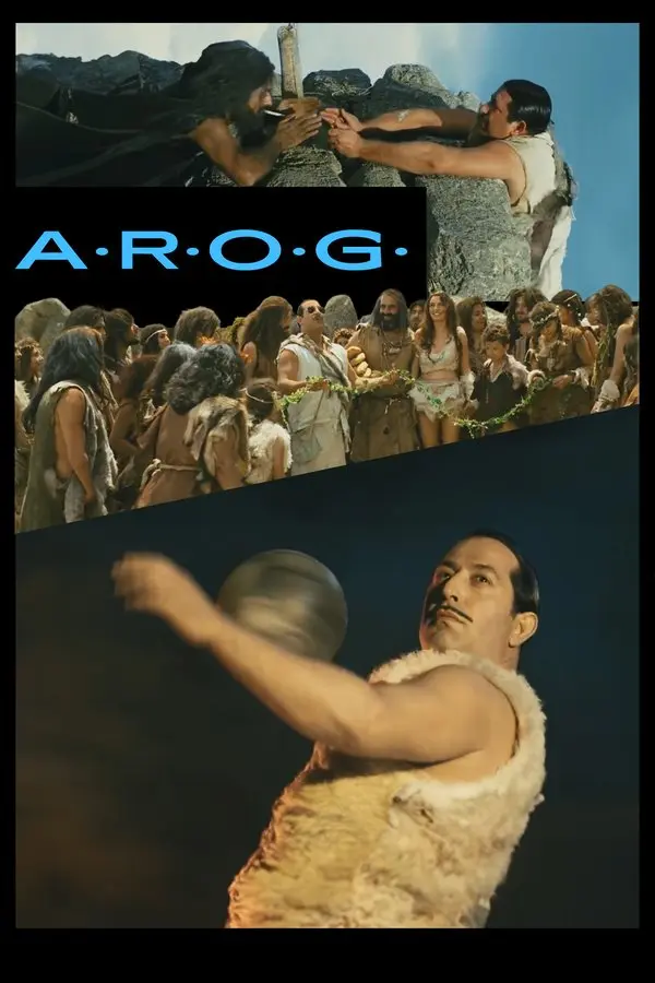 A.R.O.G filminin üç kareli tanıtım görseli: üstte uçurumda tutunan sakallı adama sigara uzatan Arif, ortada Arif ile çiçek zinciri tutan kalabalık köy halkı, altta elindeki taş topu fırlatmaya hazırlanan Arif