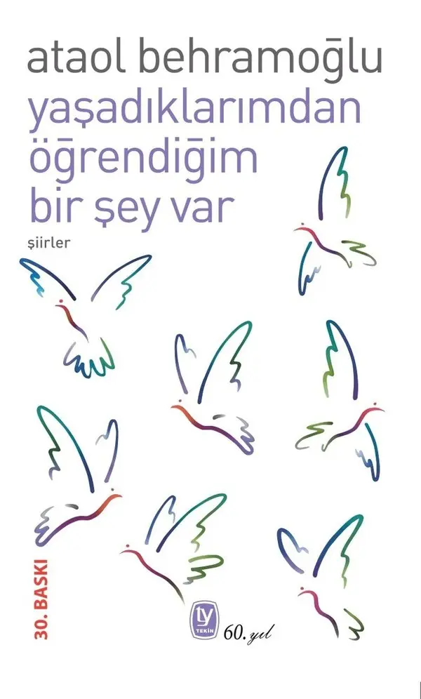 Ataol Behramoğlu’nun Yaşadıklarımdan Öğrendiğim Bir Şey Var şiir kitabının beyaz zemin üzerinde renkli kuş çizimli kapağı