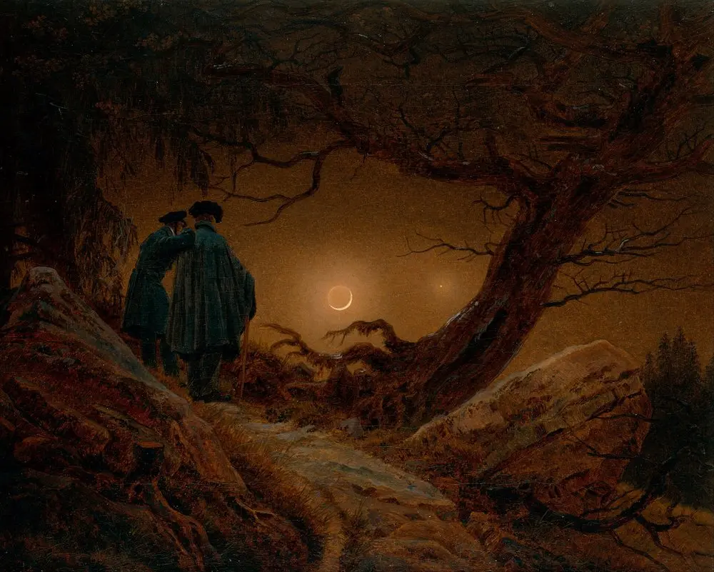 Caspar David Friedrich’in tablosu: kökleri açıkta kalmış bir ağacın yanında sırtı dönük iki adam alacakaranlıkta hilal biçimindeki ayı seyrediyor