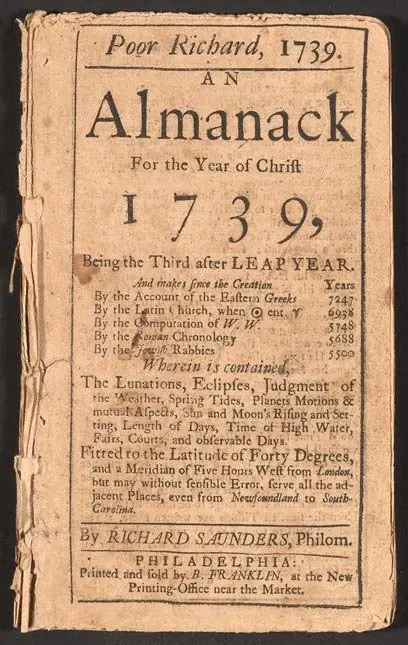 Benjamin Franklin’in Philadelphia’da basıp sattığı Poor Richard 1739 almanağının yıpranmış kapak sayfası