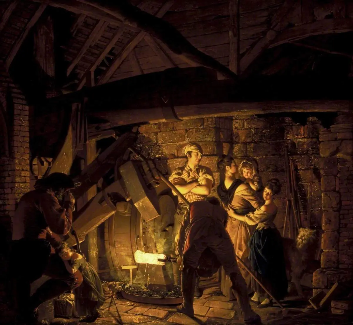 Joseph Wright of Derby’nin Demirhane tablosu: karanlık bir atölyede kızgın demir külçesinin ışığı, kollarını kavuşturmuş demirciyi, çekiçle çalışan ustayı ve onları izleyen kadın ile çocukları aydınlatıyor