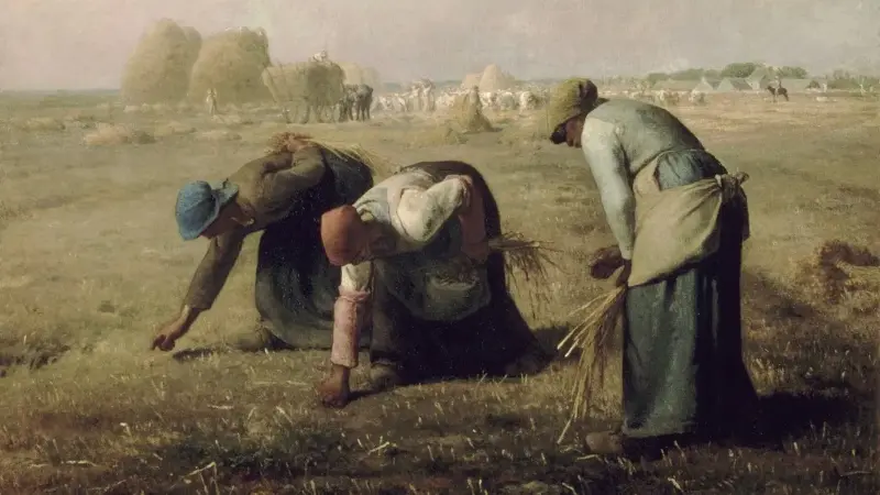 Jean-François Millet’nin Başak Toplayan Kadınlar tablosu: hasattan sonra tarlada eğilmiş üç köylü kadın yere düşen başakları topluyor, arkada saman yığınları ve yüklü bir araba