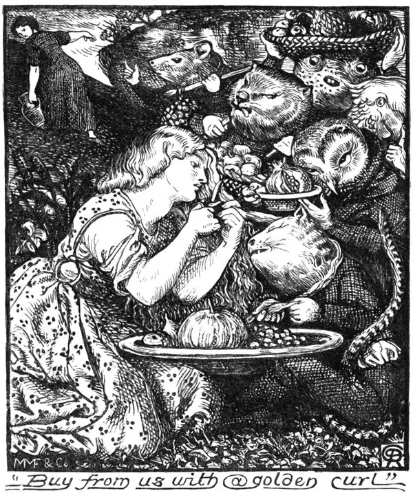 Goblin Market and Other Poems kitabının 1862 ilk baskısındaki siyah-beyaz gravür: diz çökmüş bir genç kız, meyve tepsileri uzatan hayvan yüzlü cin satıcıların karşısında saçından bir lüle kesiyor