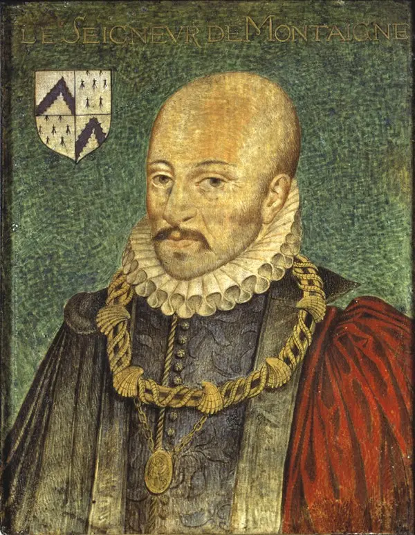 Michel de Montaigne’in portresi: beyaz fırfırlı yaka, altın zincirli nişan ve sol üstte arması