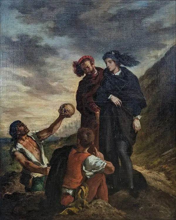 Delacroix’nın Hamlet ve Horatio Mezarlıkta tablosu: Siyahlar içindeki Hamlet ile dostu Horatio, elinde kafatası tutan mezarcıyı izliyor