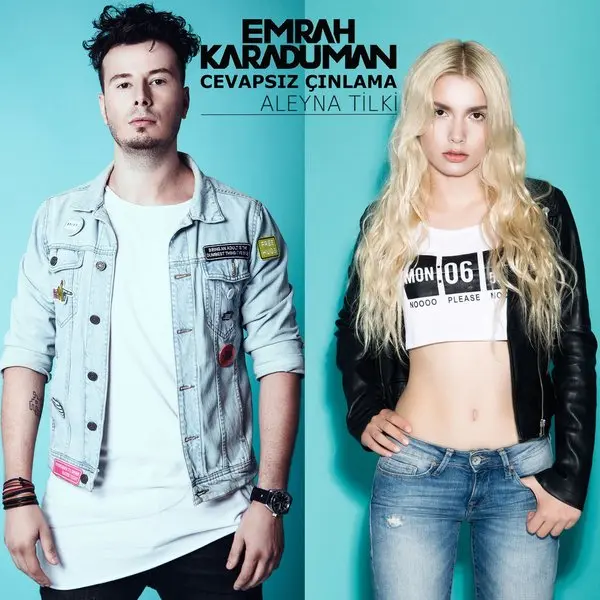 Emrah Karaduman ve Aleyna Tilki’nin Cevapsız Çınlama single kapağı; turkuaz zemin önünde kot ceketli Emrah Karaduman ile sarışın Aleyna Tilki yan yana duruyor