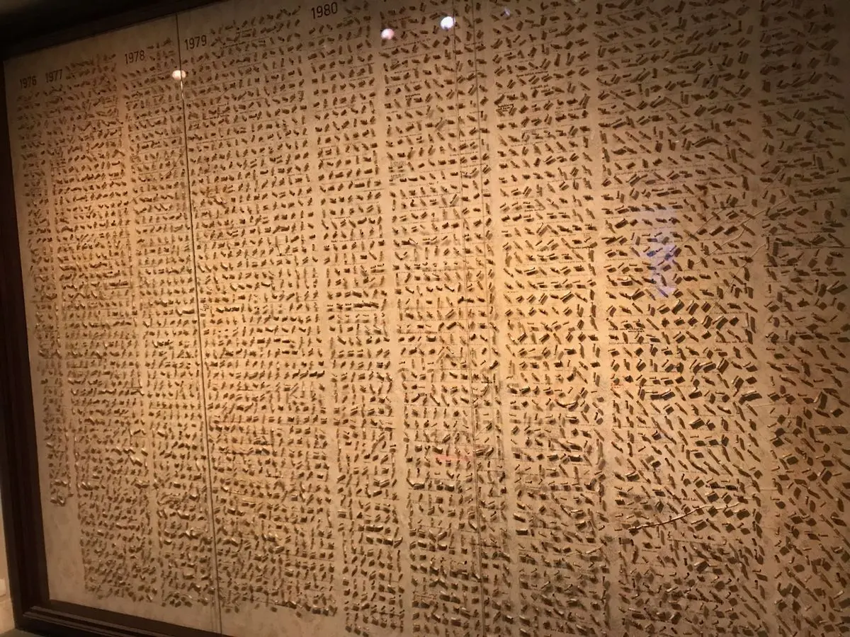İstanbul'daki Masumiyet Müzesi'nde, el yazısı notlarla birlikte iğnelenmiş yüzlerce sigara izmaritinin sergilendiği vitrin