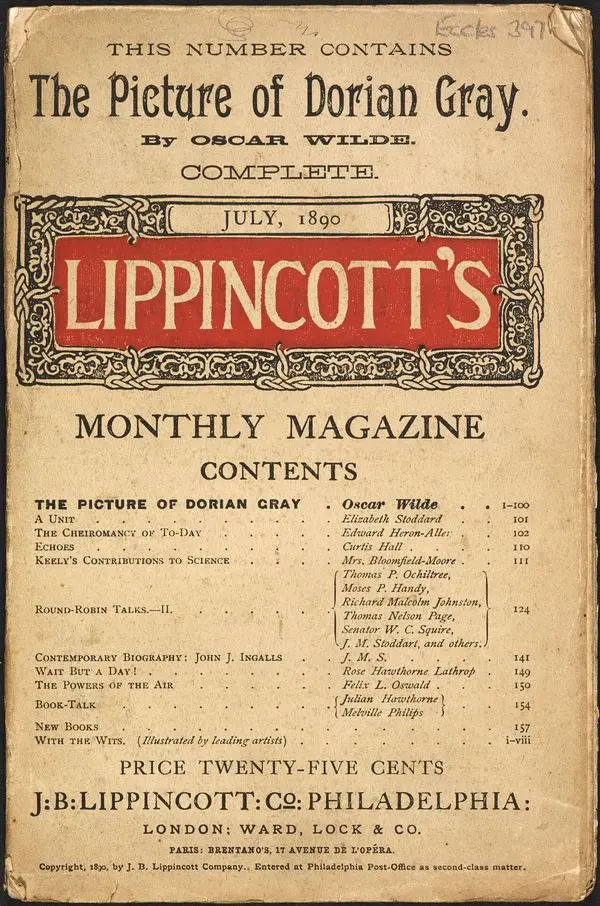 Lippincott’s Monthly Magazine’in Temmuz 1890 sayısının kapağı; en üstte The Picture of Dorian Gray ve Oscar Wilde adı yazıyor