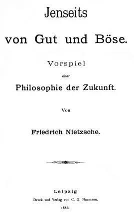 Nietzsche’nin İyinin ve Kötünün Ötesinde kitabının 1886 Leipzig tarihli ilk baskısının siyah beyaz iç kapağı