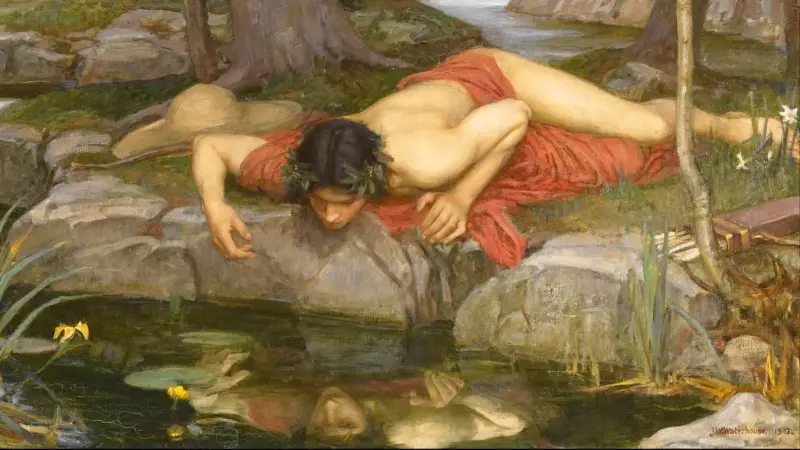 John William Waterhouse’un Eko ve Narkissos tablosundan bir ayrıntı: Kırmızı örtülü genç Narkissos taşların üzerine uzanmış, başını eğip gölün suyundaki yansımasına bakıyor