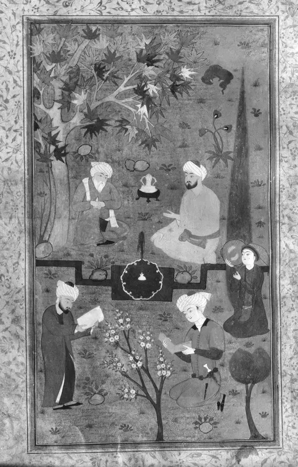 1488–89 tarihli bir Mesnevî yazmasından minyatürlü sayfa: üstte oturan figürlerin bulunduğu resim, altta Farsça beyitler