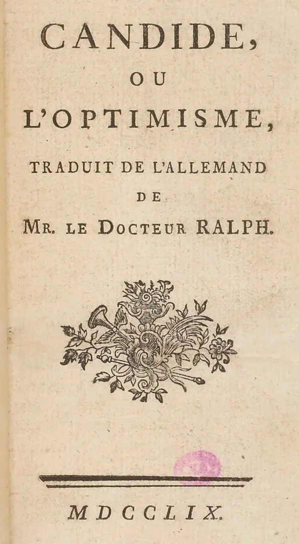 Voltaire’in Candide romanının 1759 tarihli ilk baskısının Fransızca başlık sayfası