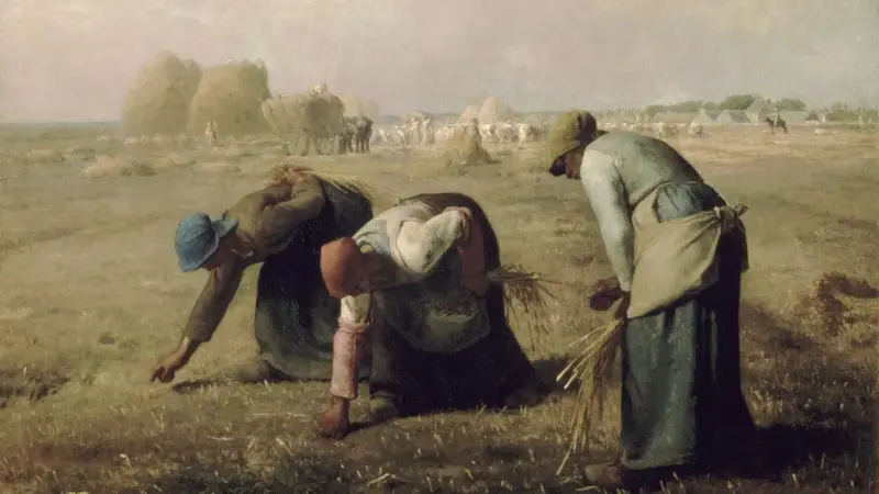 Jean-François Millet’nin Başak Toplayan Kadınlar tablosu: hasat sonrası tarlada eğilip yerden başak toplayan üç köylü kadın