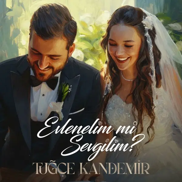 Tuğçe Kandemir’in Evlenelim mi Sevgilim single kapağı: gelinlikli bir kadın ve damatlıklı bir adam gülümseyerek birbirine bakıyor