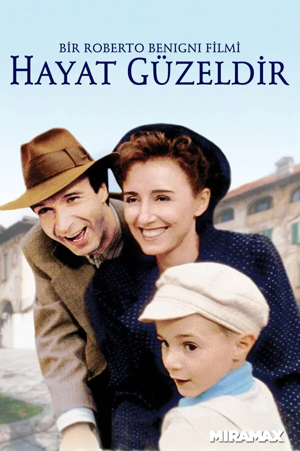 Hayat Güzeldir filminin Türkçe afişi: şapkalı Guido (Roberto Benigni), eşi Dora (Nicoletta Braschi) ve kasketli küçük oğulları Giosuè gülümseyerek yan yana; üstte BİR ROBERTO BENIGNI FİLMİ ve HAYAT GÜZELDİR yazısı