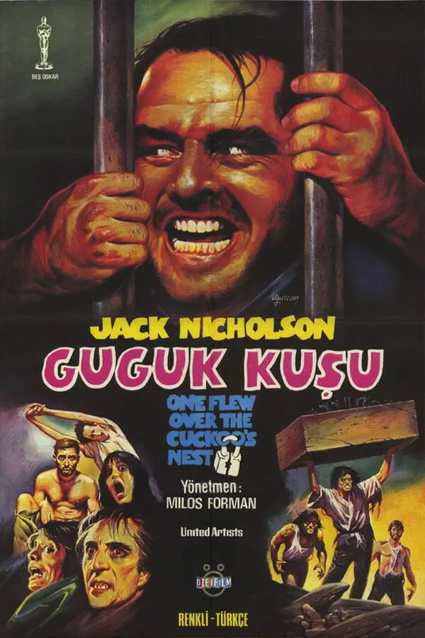 Guguk Kuşu filminin eski Türkçe afişi: demir parmaklıkları iki eliyle kavramış, sırıtan Jack Nicholson'ın çizimi; altta sarı-kırmızı harflerle GUGUK KUŞU yazısı ve filmden küçük sahneler