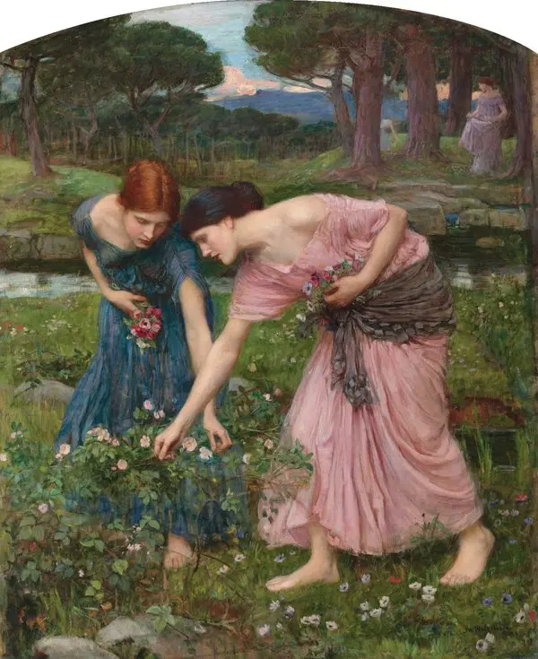 John William Waterhouse’un tablosunda çiçekli bir kırda eğilip çiçek toplayan uzun elbiseli iki genç kadın