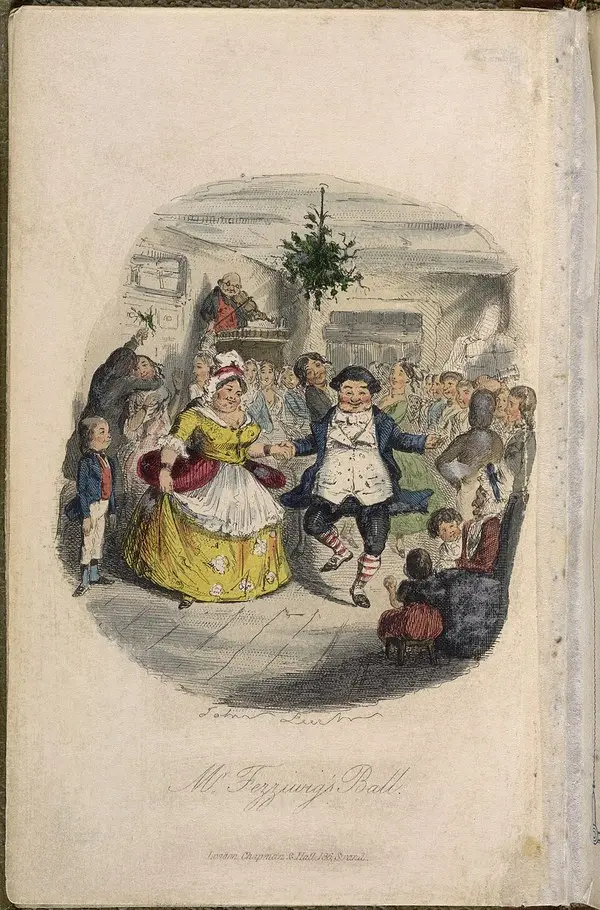 John Leech’in Bir Noel Şarkısı için yaptığı renkli gravür: Bay Fezziwig’in Noel balosunda kalabalık bir salonda neşeyle dans eden çiftler