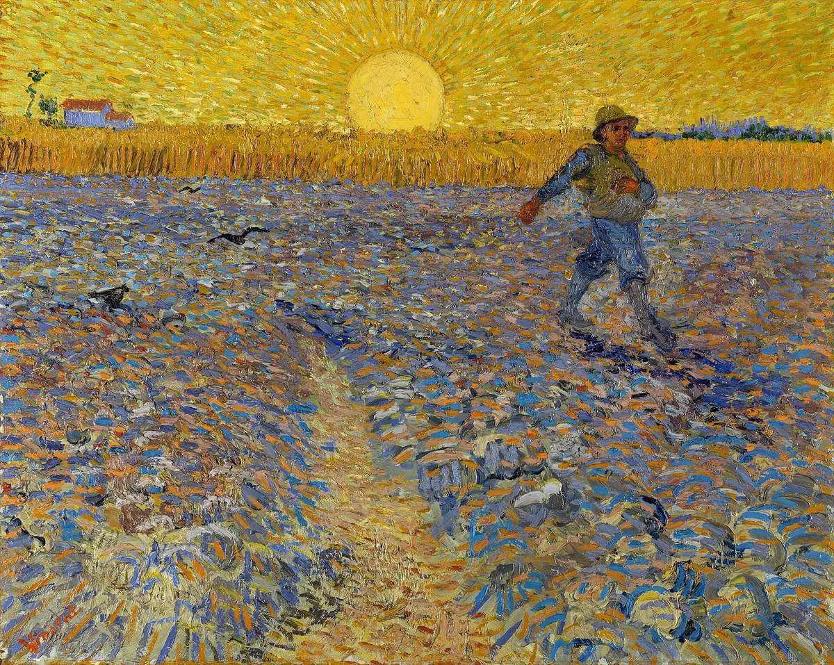 Van Gogh’un Ekici tablosu: ufukta kocaman sarı bir güneş, sarı gökyüzü, mor ve turuncu tonlu sürülmüş tarlada tohum saçan bir köylü
