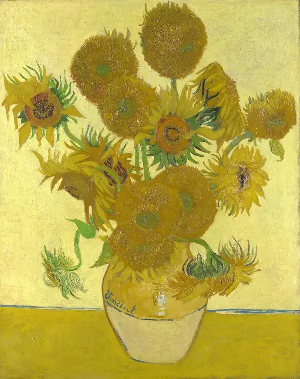 Van Gogh’un Ayçiçekleri tablosu: sarı bir zemin önünde, sarı bir vazoda açmış ve solmaya başlamış on beş ayçiçeği