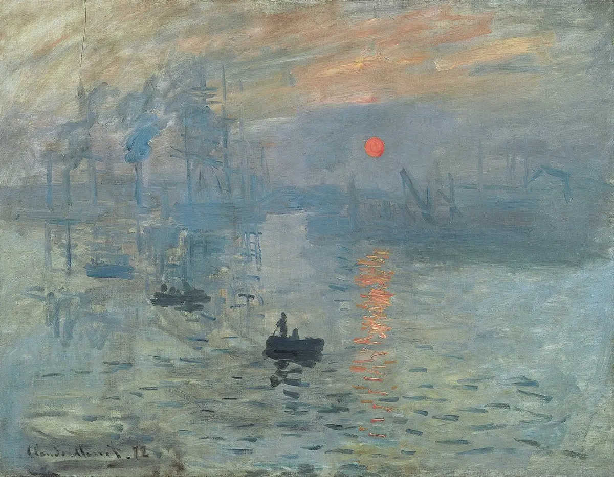 Monet’nin İzlenim, Gün Doğumu tablosu: Le Havre limanında mavi-gri sisin içinde yükselen turuncu güneş ve suda kayıkların silueti