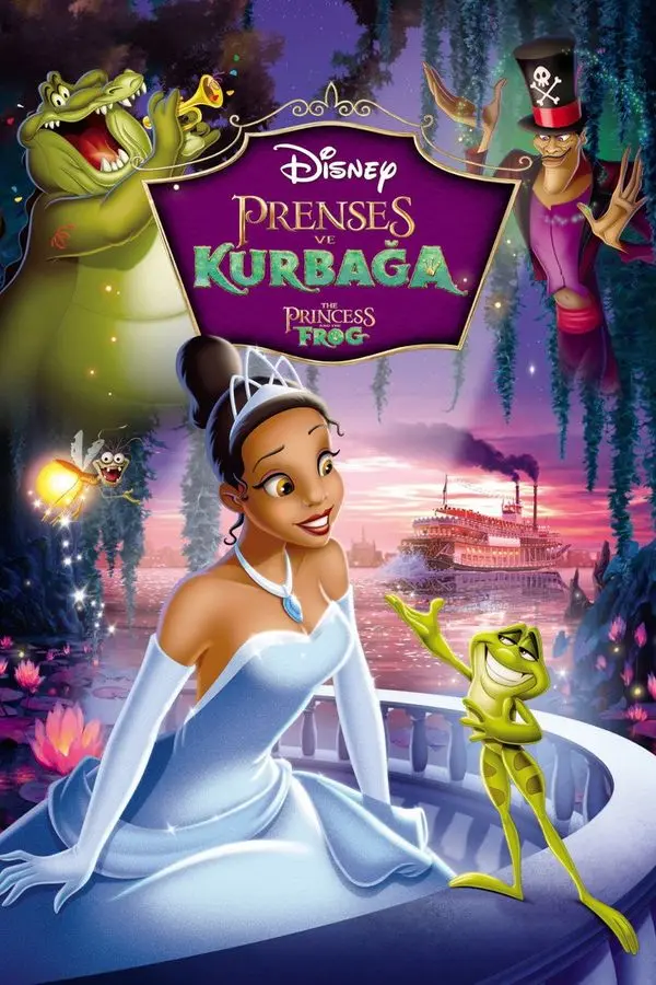 Prenses ve Kurbağa filminin Türkçe afişi: mavi elbiseli Tiana bir nilüfer yaprağının üstünde, çevresinde kurbağalar ve filmin diğer karakterleri; üstte PRENSES VE KURBAĞA yazısı