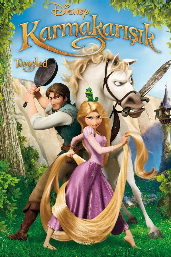 Karmakarışık filminin Türkçe afişi: upuzun sarı saçlı Rapunzel tava tutuyor, arkasında Flynn Rider ve beyaz at Maximus; üstte KARMAKARIŞIK yazısı