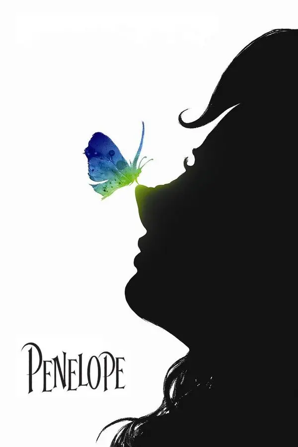 Penelope filminin afişi: beyaz zeminde siyah siluet hâlinde bir genç kadın profili, burnunun ucuna mavi bir kelebek konmuş; solda PENELOPE yazısı