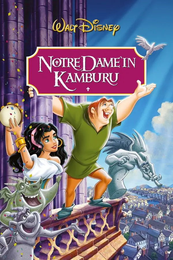 Notre Dame’ın Kamburu filminin Türkçe afişi: katedral balkonunda kollarını açmış Quasimodo, yanında Esmeralda ve taş heykeller; üstte NOTRE DAME’IN KAMBURU yazısı