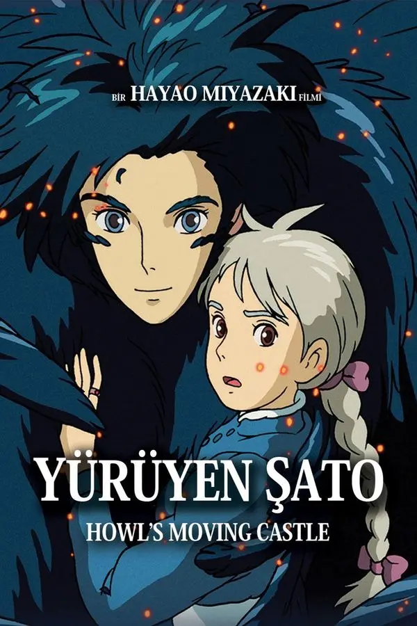 Yürüyen Şato filminin Türkçe afişi: siyah saçlı büyücü Howl ve gri saçlı Sophie yan yana; altta YÜRÜYEN ŞATO yazısı