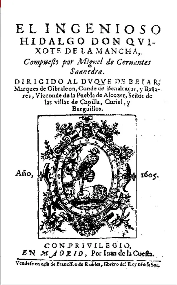 Don Kişot’un 1605 tarihli Madrid ilk baskısının başlık sayfası; ortada eli üzerinde şahin taşıyan bir figürün yer aldığı baskı amblemi