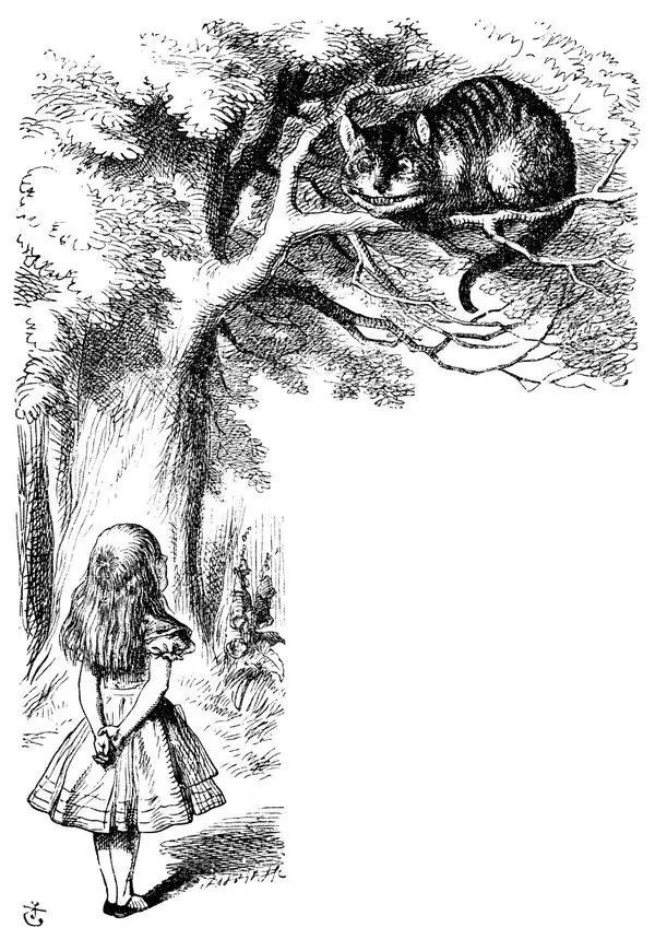 John Tenniel’in çizimi: Alice, ağacın dalında oturan sırıtkan Cheshire Kedisi’ne başını kaldırıp bakıyor