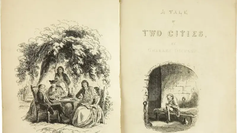 Charles Dickens’ın İki Şehrin Hikâyesi romanının 1859 tarihli ilk baskısı: solda ağaç altında sofraya oturmuş karakterlerin çizimi, sağda başlık sayfası