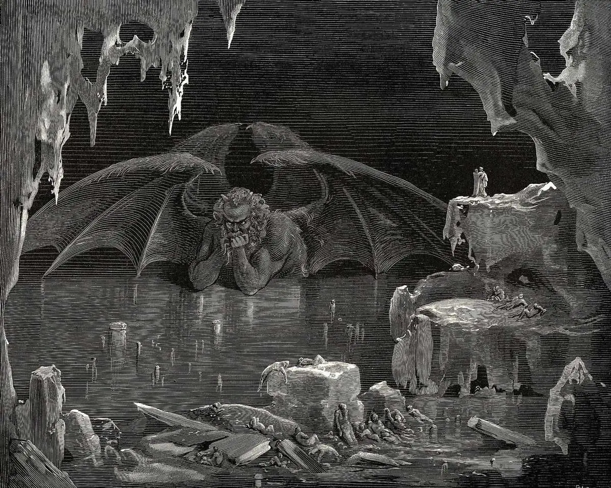 Gustave Doré’nin Cehennem gravürü: Dev kanatlı Lucifer donmuş gölün ortasında beline kadar buza gömülü, çevresinde buzun içinde hainlerin bedenleri, sağ yukarıda Dante ile Vergilius
