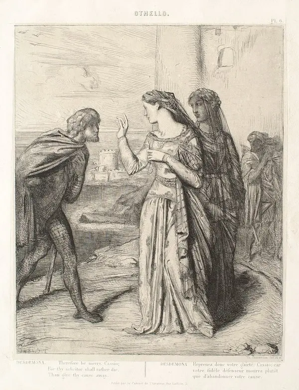 Théodore Chassériau’nun Othello gravürü: Desdemona elini kaldırmış Cassio’yla konuşuyor, yanında örtülü Emilia duruyor, sağ arkada Othello ile Iago yaklaşıyor