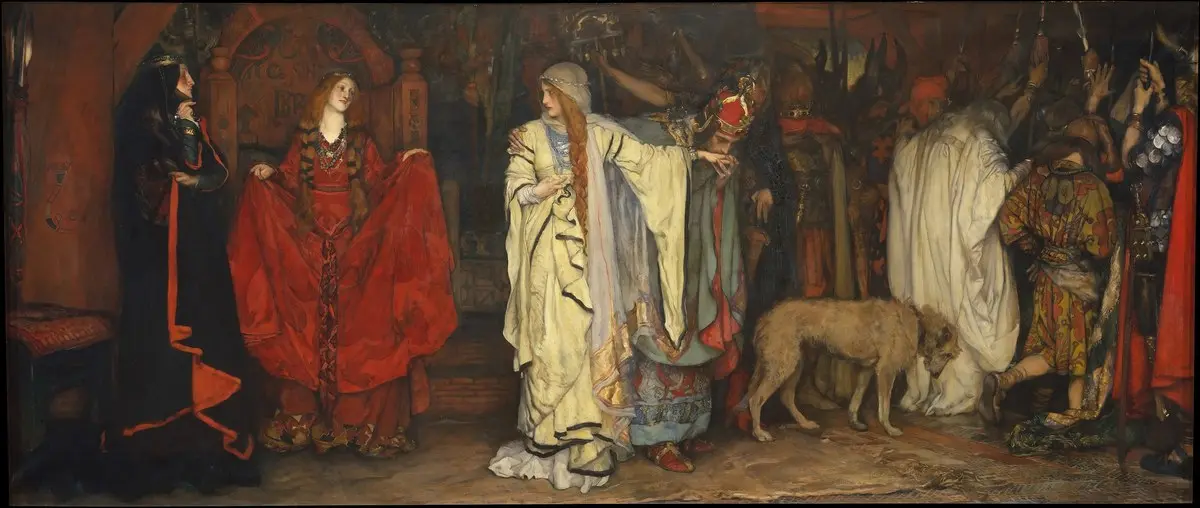 Edwin Austin Abbey’nin Kral Lear tablosu: Taht salonunda kırmızı pelerinli Goneril ve Regan dururken beyazlar içindeki Cordelia başı önde sahneden ayrılıyor